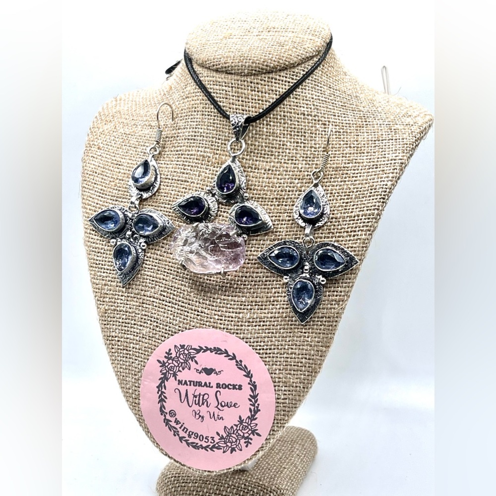 Sea Glass & Purple Statement Piece Pendant & Earrings Set - Picture 5 of 5